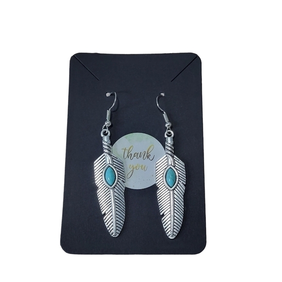 Silver Tone Feather Earrings with Turquoise Resin - Picture 2 of 3